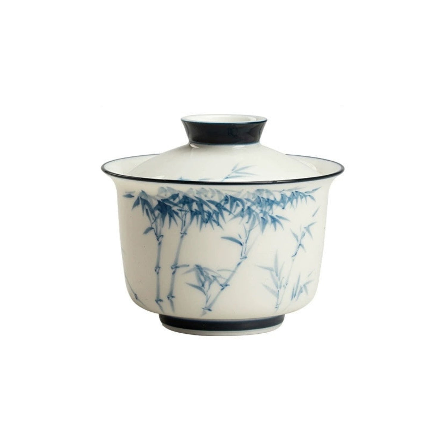White Blue Gaiwan, Hand-Painted Bamboo, Jade Porcelain 140ml