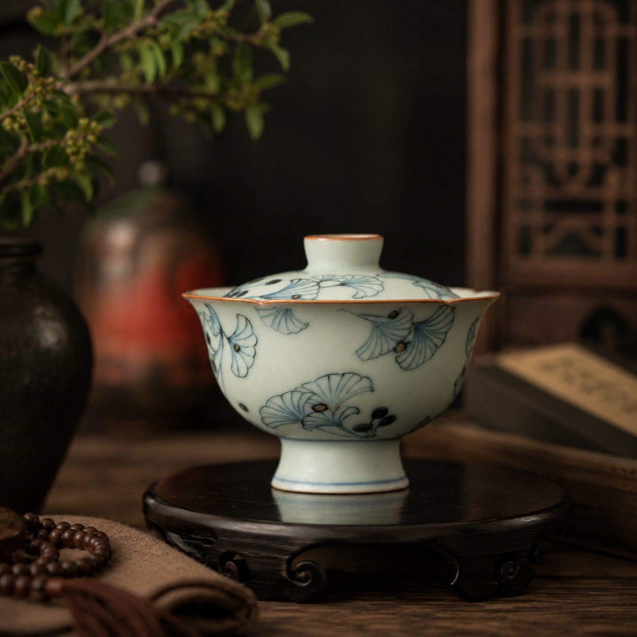 花形陶瓷盖碗，银杏叶图案100ml | Teasenz.eu