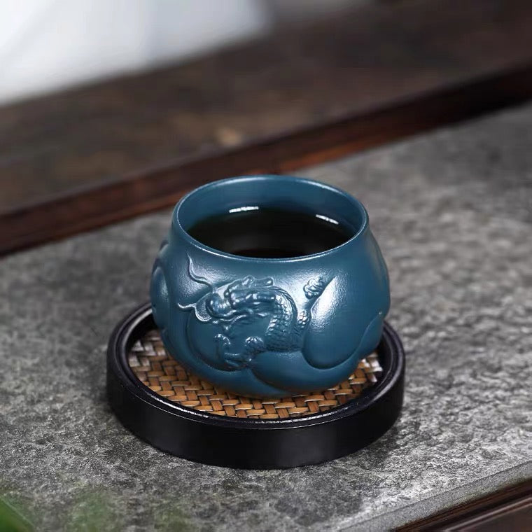 Dark Green Clay Yixing Tea Cup, Dragon's Gate 120ml