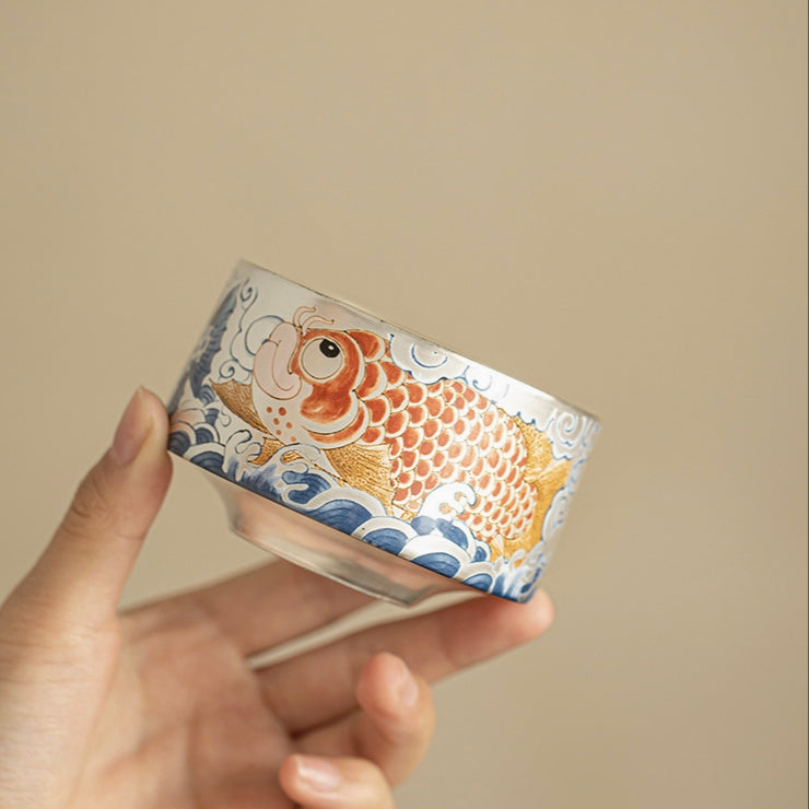 Handmade Silver-Gilt Tea Cup, Dragon Fish 150ml