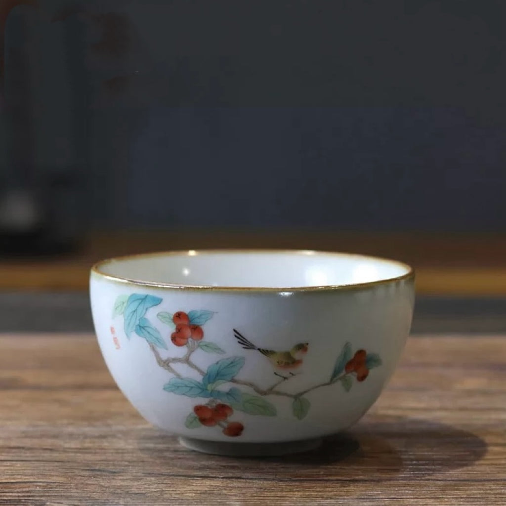 Ru Kiln Tea Cup with Crackle Glaze, 3 Illustrations, 110ml