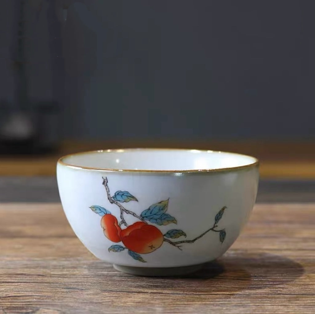 Ru Kiln Tea Cup with Crackle Glaze, 3 Illustrations, 110ml