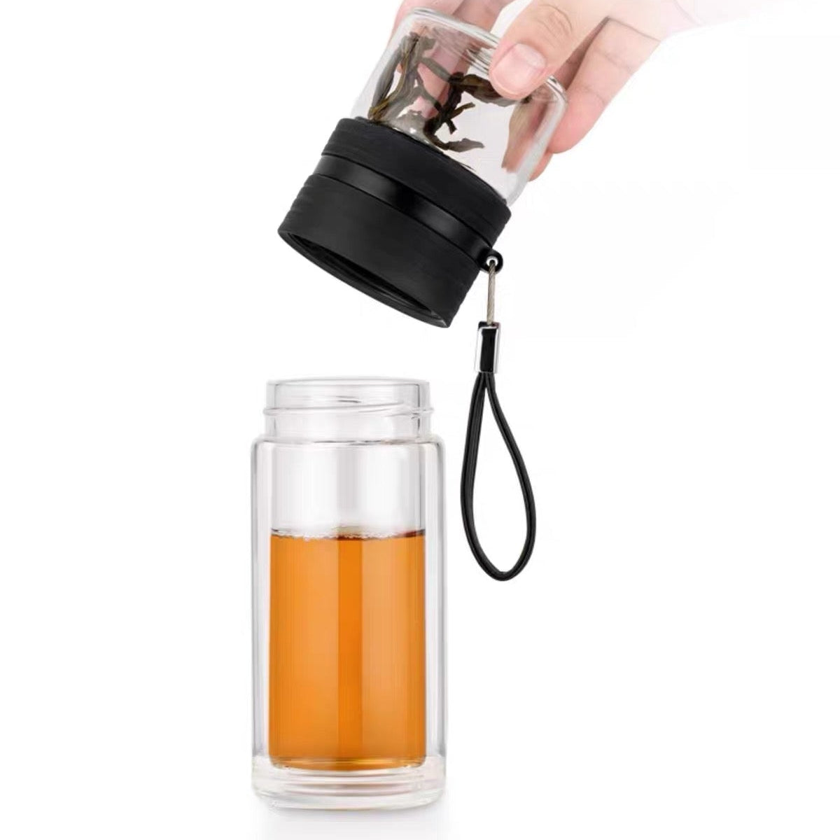 Dvojitá skleněná čajová nádoba s infuzérem/úložným prostorem, černá 238 ml