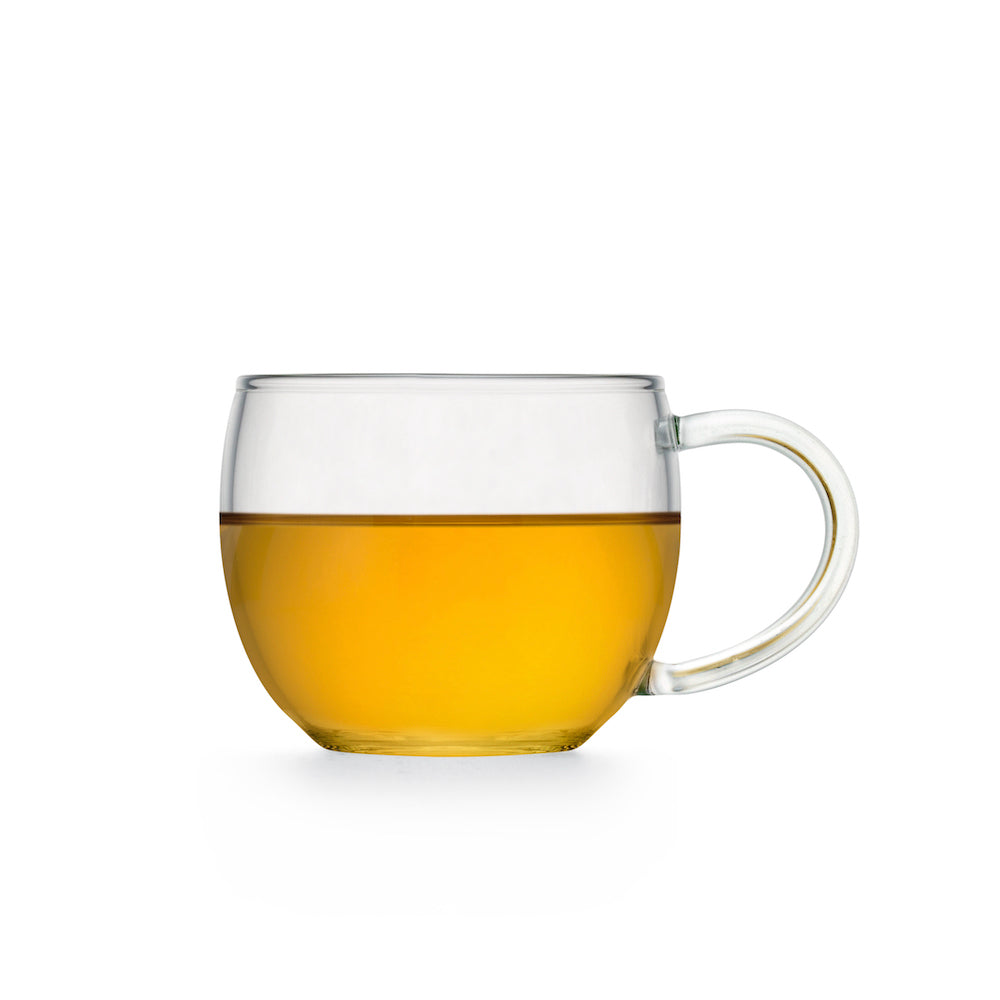 Teeservice aus Glas mit Teekanne, Vorratsglas, Tassen, Reisetasche