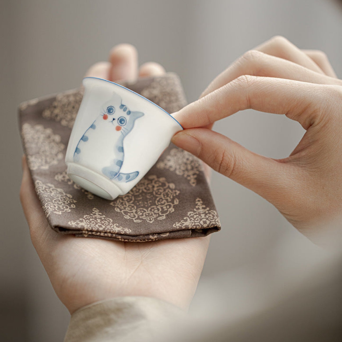 hand-painted cute tea cup, cat and peach design 