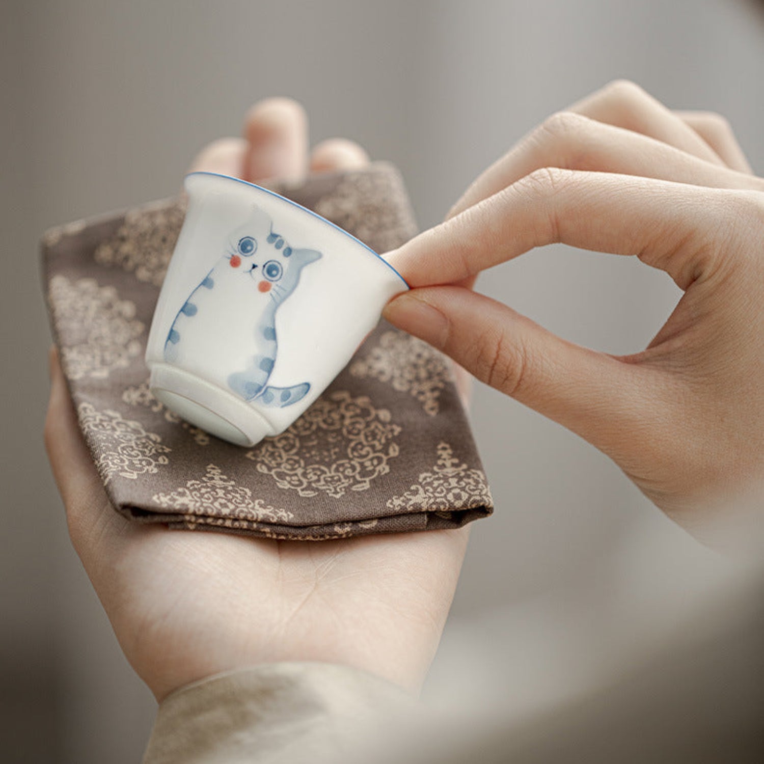 hand-painted cute tea cup, cat and peach design 