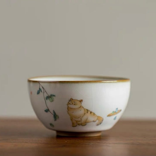 Ru Kiln Tea Cup with Crackle Glaze, 3 Illustrations, 110ml