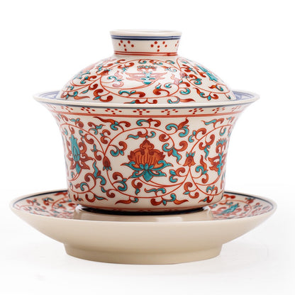 Fengcai-stijl (Famille Rose) keramische Gongfu Gaiwan met schotel 170ml