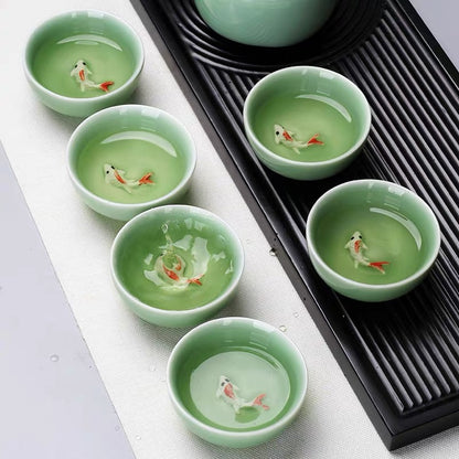 Tasse à Thé Chinoise Céladon Long Quan 60ml - Motif Poissons Koi Et Craquelures Naturelles, Porcelaine Kung Fu