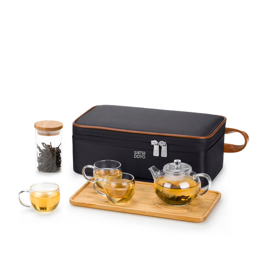 Skleněný čajový set s konvičkou, úložnou nádobou, šálky a cestovní taškou