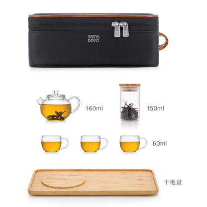Skleněný čajový set s konvičkou, úložnou nádobou, šálky a cestovní taškou