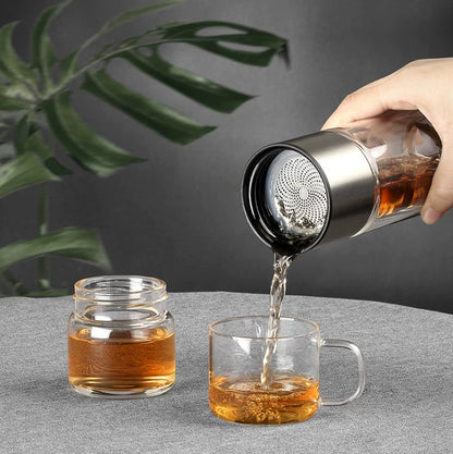 Dvojitá skleněná čajová nádoba s infuzérem/úložným prostorem, stříbrná 238 ml