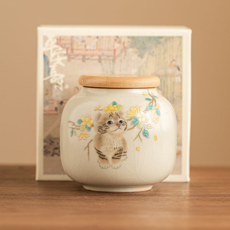 Ceramic Chinese Tea Caddy for Loose Tea with Bamboo Lid