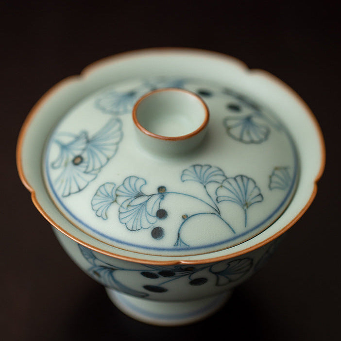 Flower Shape Ceramic Gaiwan with Ginkgo Leaf Design 100ml