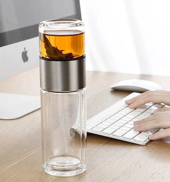 Dvojitá skleněná čajová nádoba s infuzérem/úložným prostorem, stříbrná 238 ml