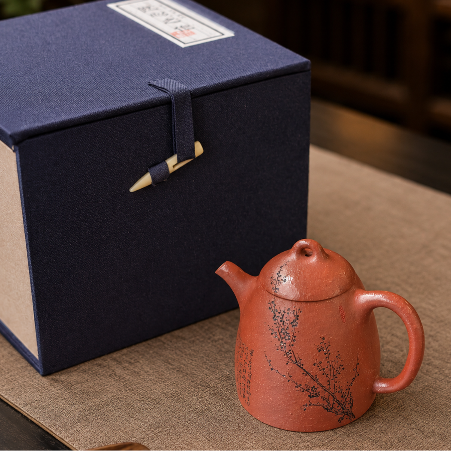 Yixing teapot with blossomed branch in a gift box