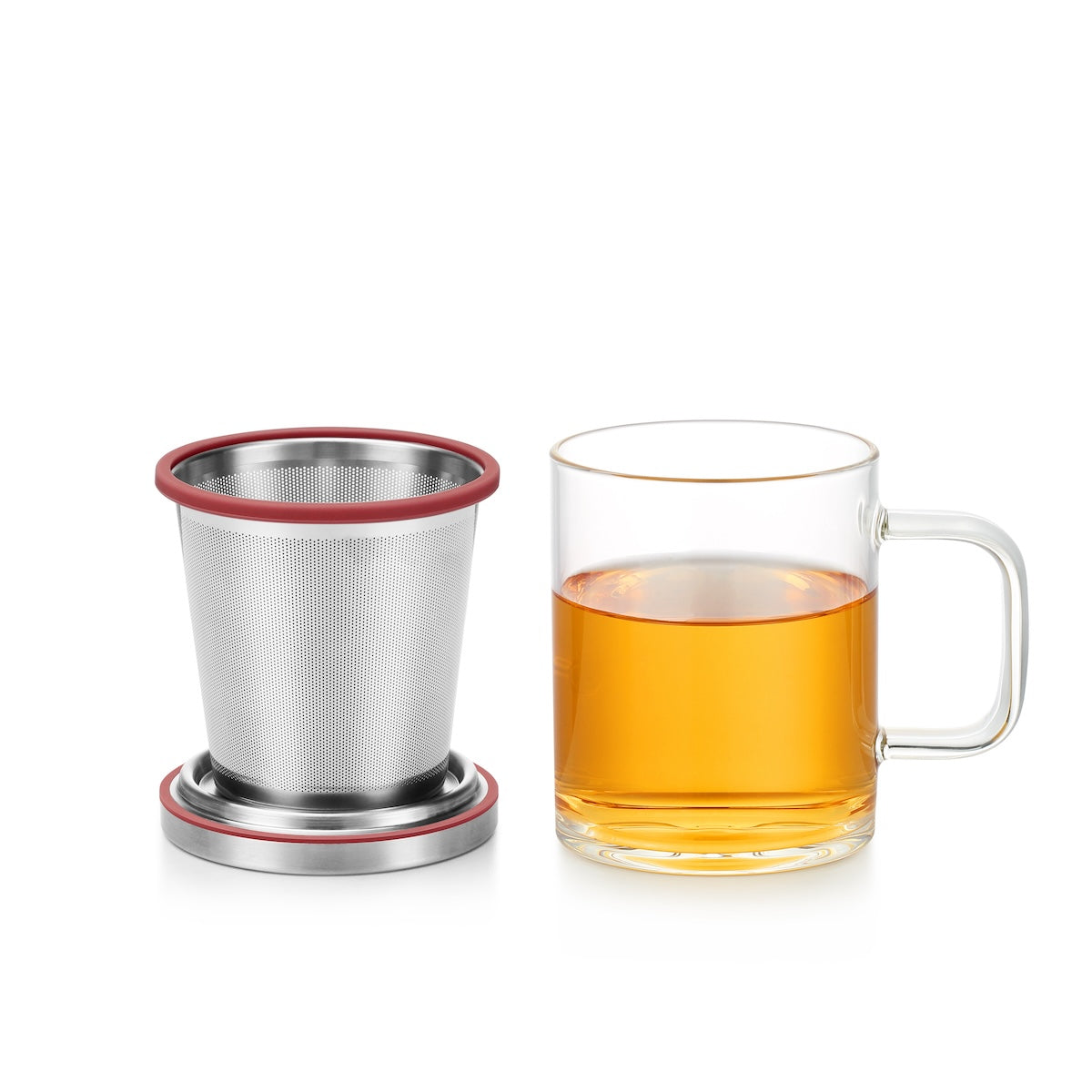 Glass Tea Infuser Mug with Strainer and Lid, Red 350ml