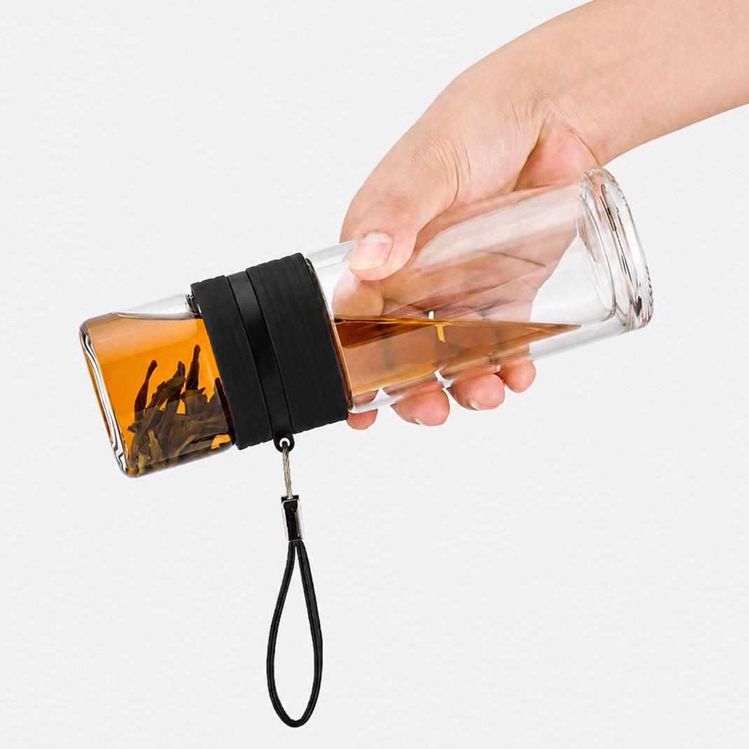 Dvojitá skleněná čajová nádoba s infuzérem/úložným prostorem, černá 238 ml
