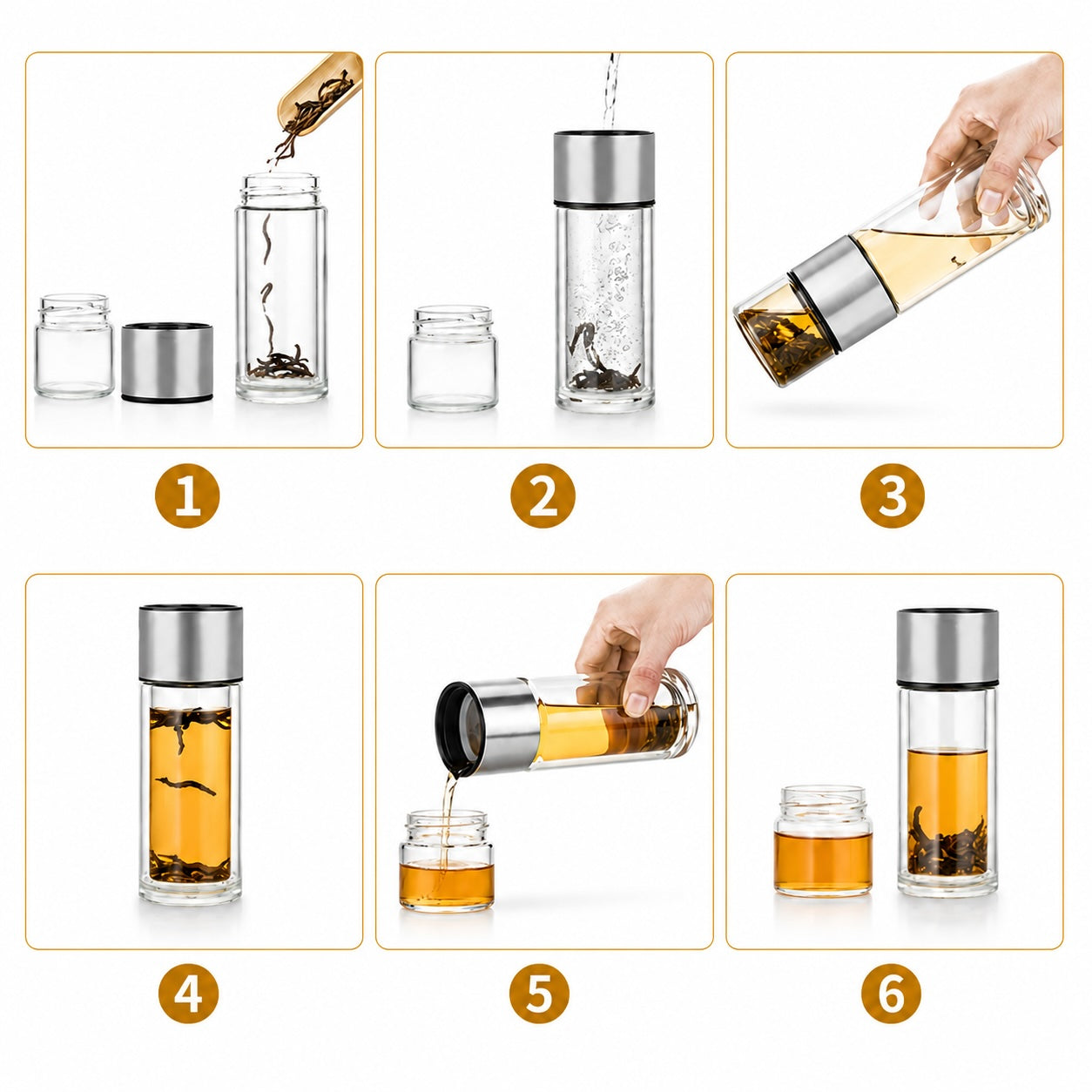 Double Wall Glass Tea Tumbler with Infuser/Storage, Silver 238ml
