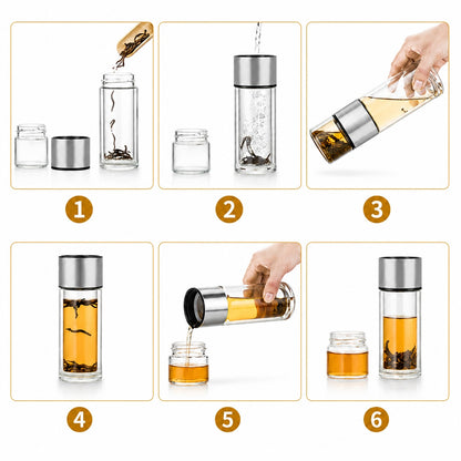 Double Wall Glass Tea Tumbler with Infuser/Storage, Silver 238ml