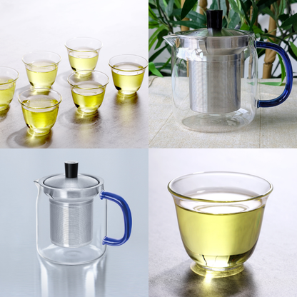 Glazen Theeset: Theepot met RVS Theefilter + 6 Glazen Kopjes