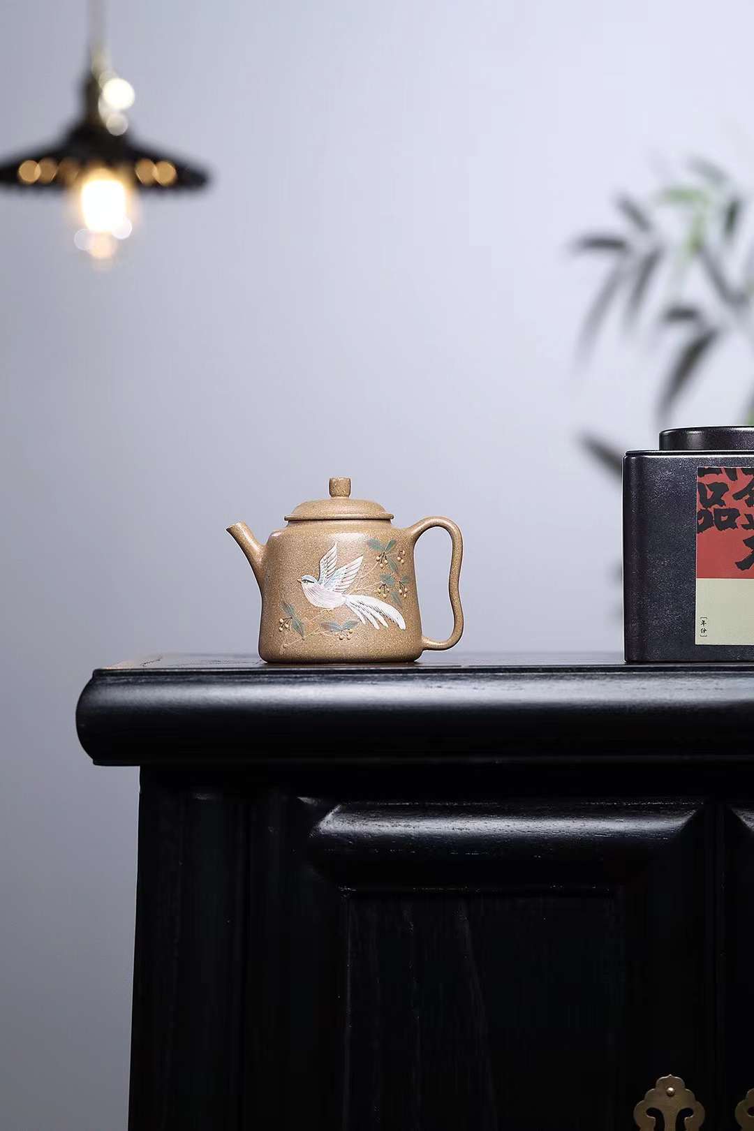 Small Jiquan Yixing Teapot with Handpainted Bird Art, Duan Ni Clay 100ml