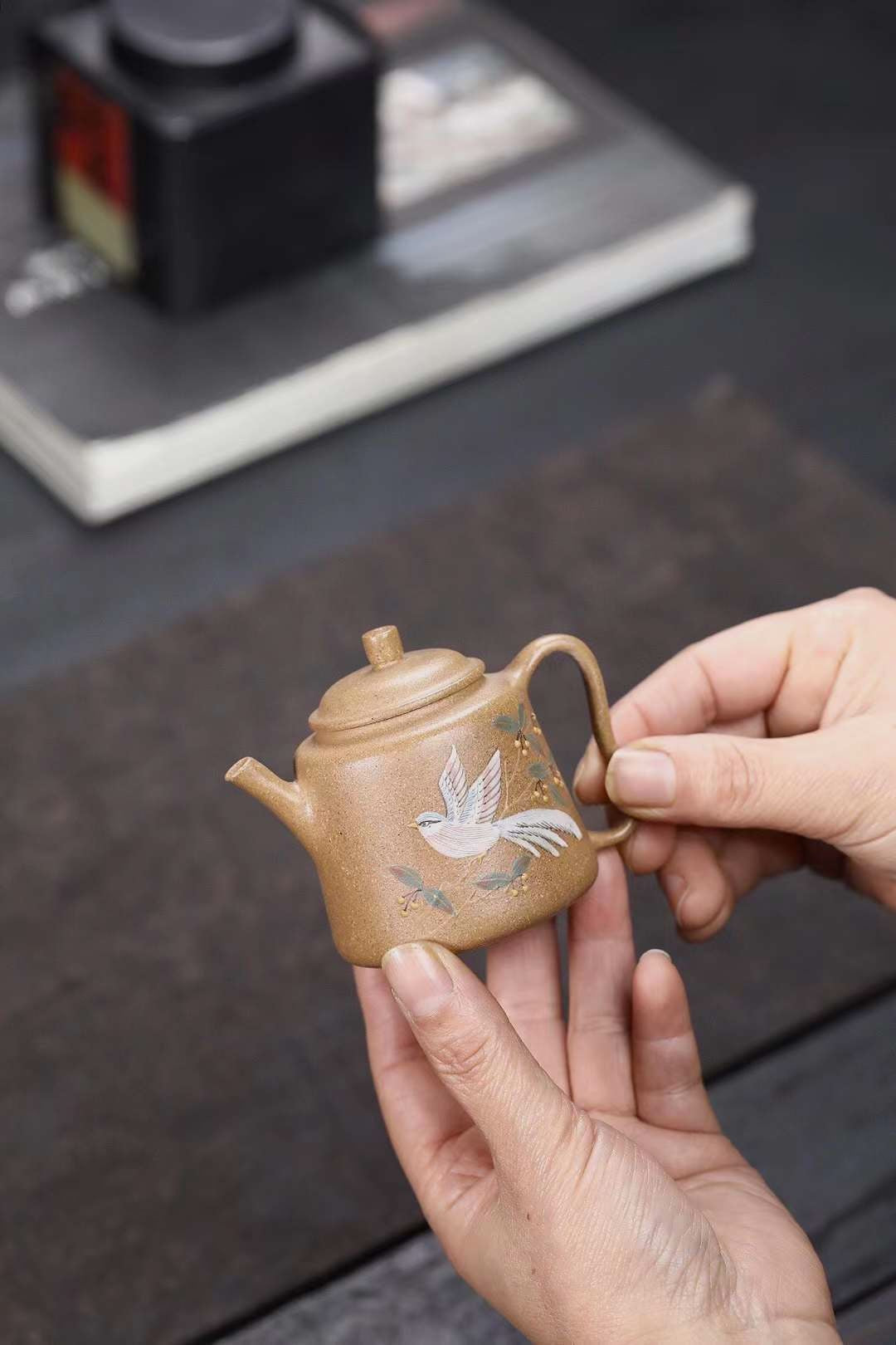 Small Jiquan Yixing Teapot with Handpainted Bird Art, Duan Ni Clay 100ml