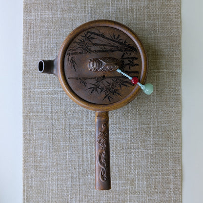 Yixing Long Gu Jin Sha Ni Clay Kyusu Teapot "Cicada & Bamboo"
