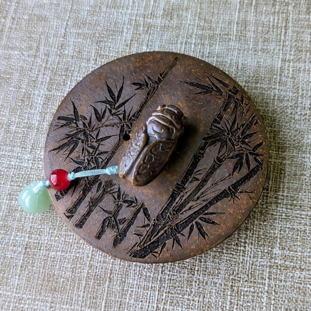 Yixing Long Gu Jin Sha Ni Clay Kyusu Teapot Cicada & Bamboo