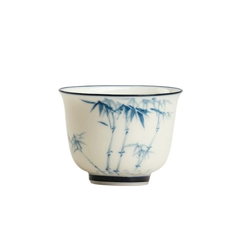 White Blue Gongfu Tea Cup, Hand-Painted Bamboo, Jade Porcelain 50ml