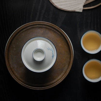 White Blue Gaiwan, Hand-Painted Bamboo, Jade Porcelain 140ml