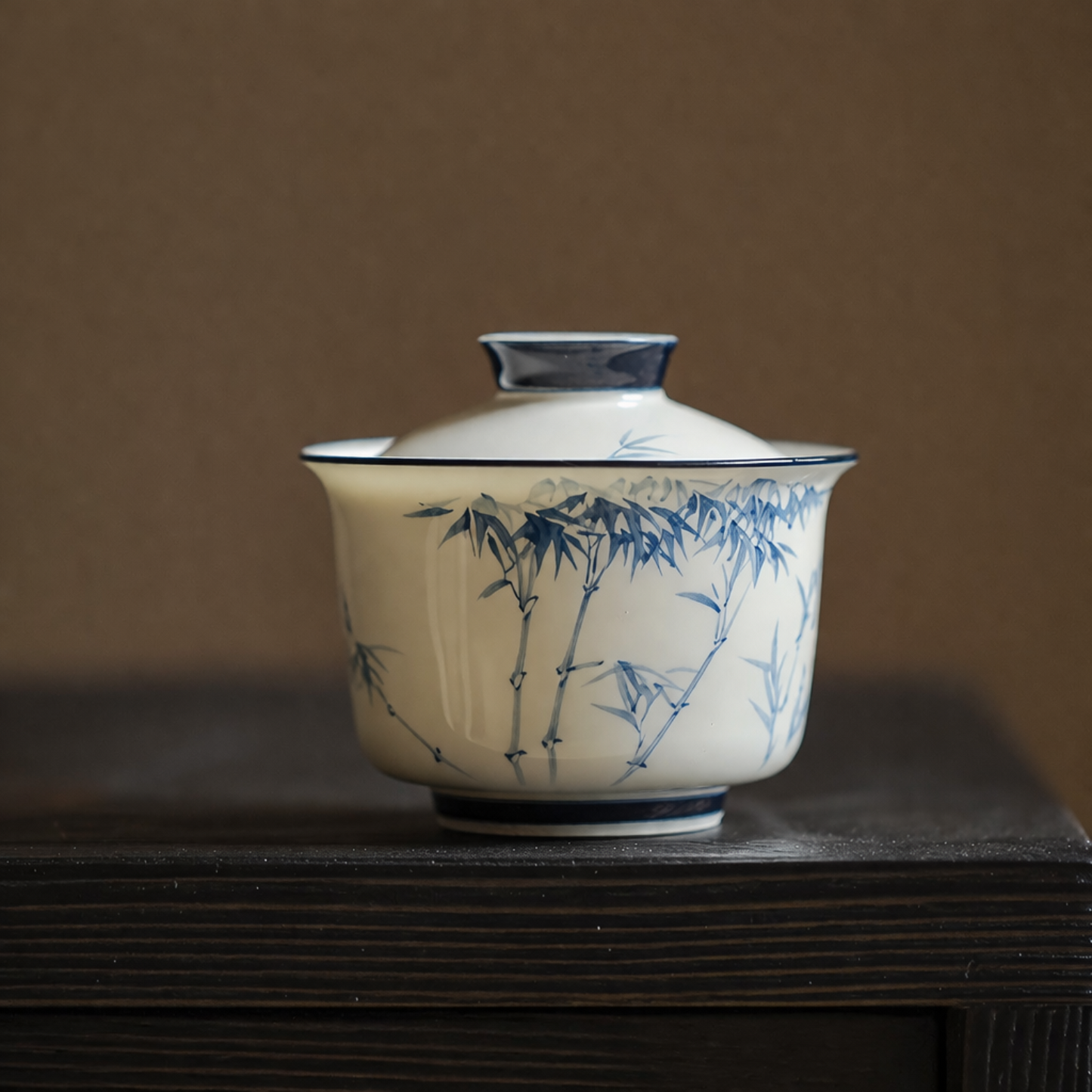 White Blue Gaiwan, Hand-Painted Bamboo, Jade Porcelain 140ml