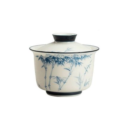 White Blue Gaiwan, Hand-Painted Bamboo, Jade Porcelain 140ml
