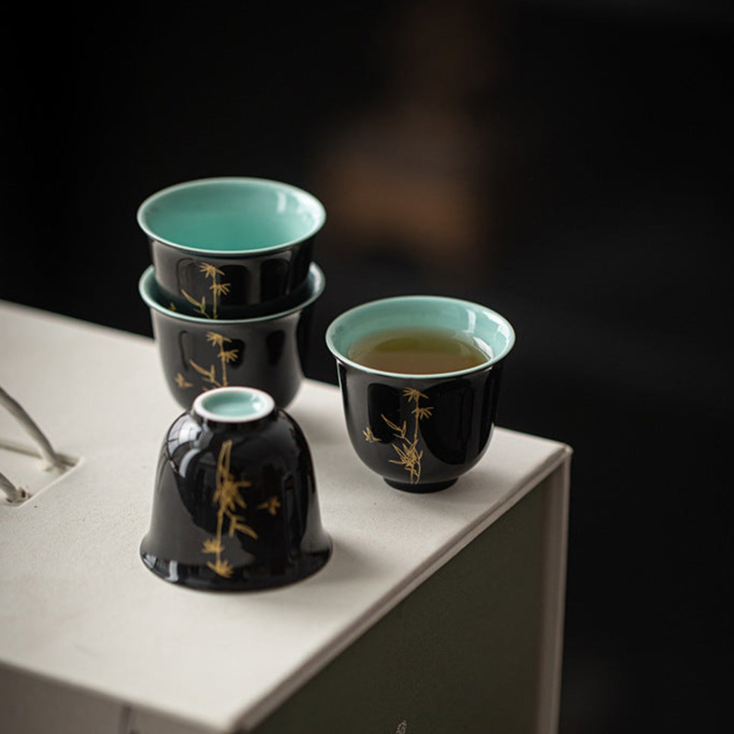 Black & Aquamarine Ceramic Gongfu Tea Cup, Golden Bamboo Motif 45ml