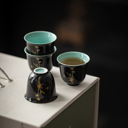 Black & Aquamarine Ceramic Gongfu Tea Cup, Golden Bamboo Motif 45ml