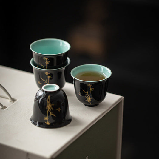 Black & Aquamarine Ceramic Gongfu Tea Cup, Golden Bamboo Motif 45ml