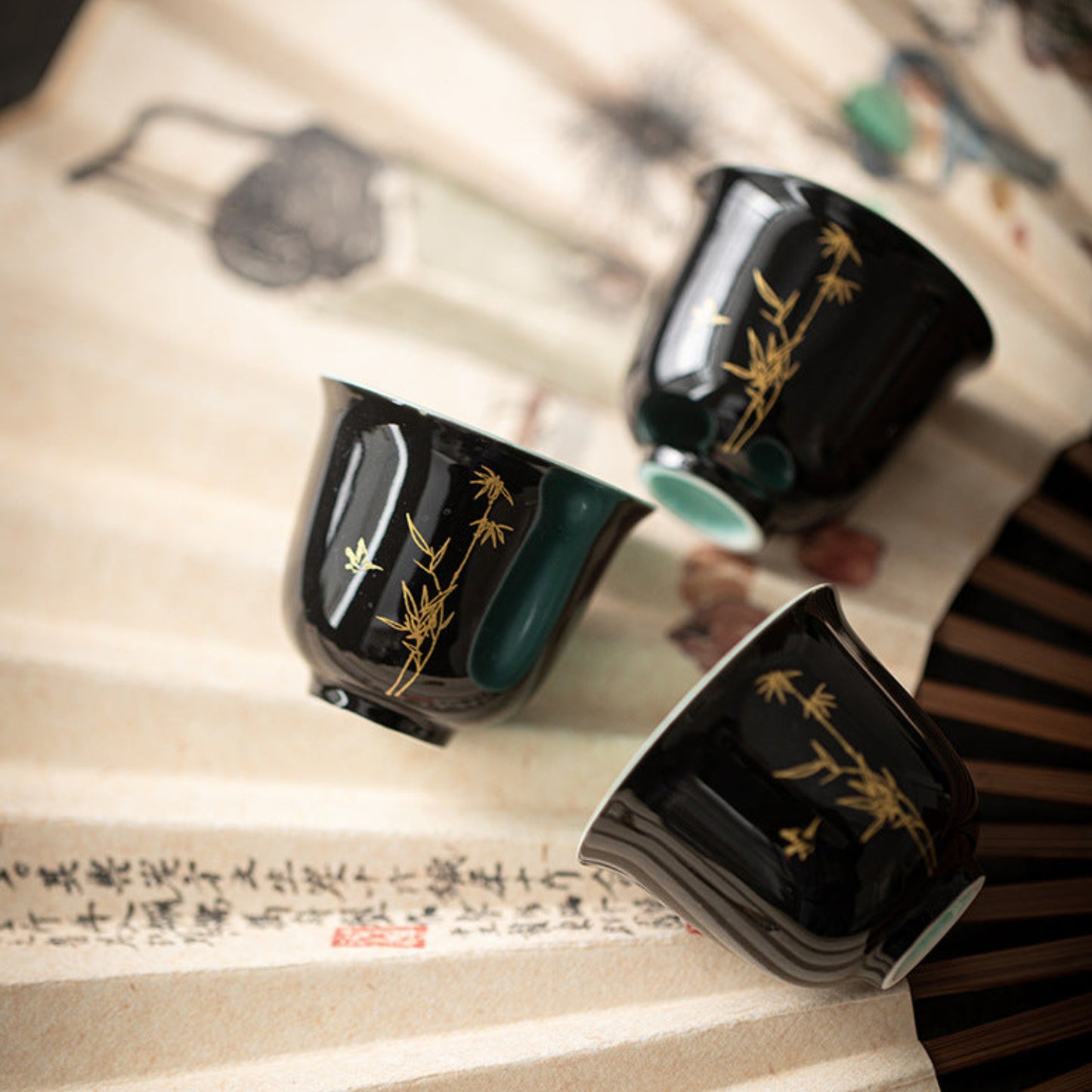 Black & Aquamarine Ceramic Gongfu Tea Cup, Golden Bamboo Motif 45ml