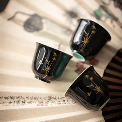 Black & Aquamarine Ceramic Gongfu Tea Cup, Golden Bamboo Motif 45ml