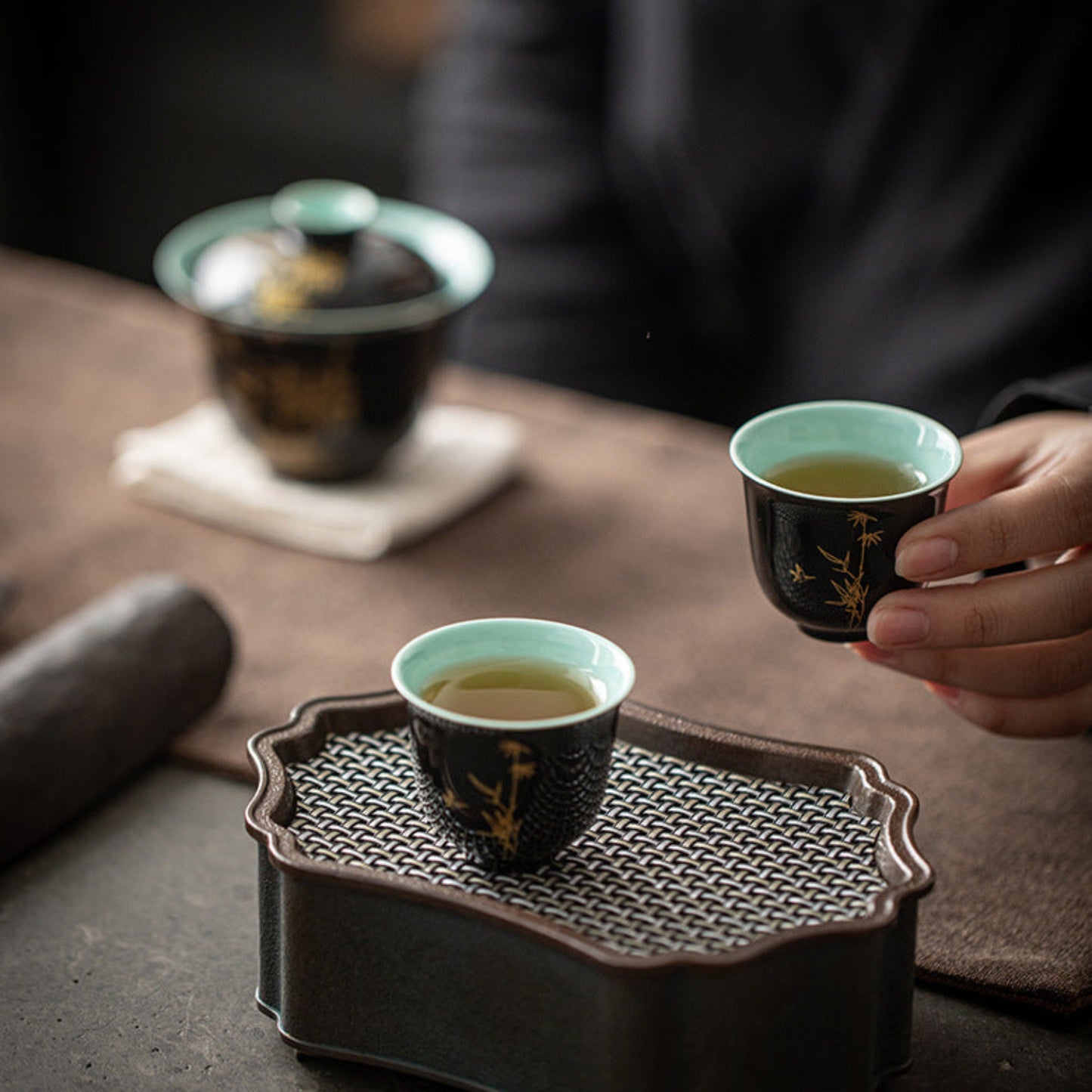 Black & Aquamarine Ceramic Gongfu Tea Cup, Golden Bamboo Motif 45ml