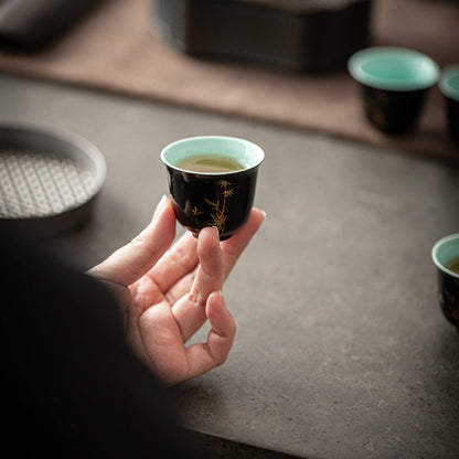 Black & Aquamarine Ceramic Gongfu Tea Cup, Golden Bamboo Motif 45ml