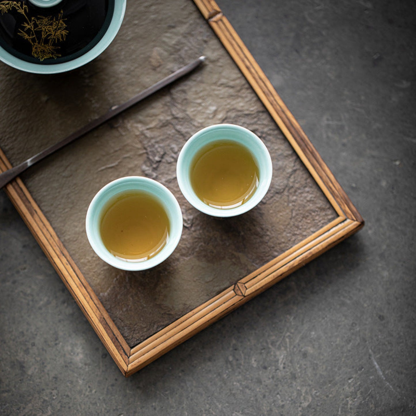 Black & Aquamarine Ceramic Gongfu Tea Cup, Golden Bamboo Motif 45ml