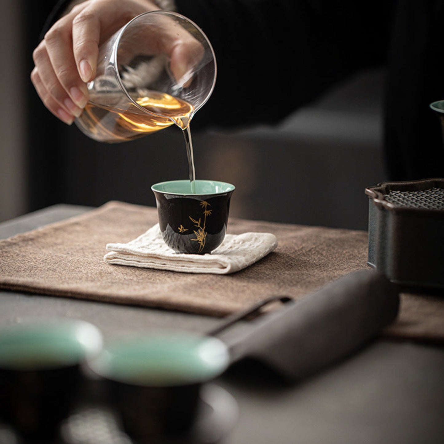 Black & Aquamarine Ceramic Gongfu Tea Cup, Golden Bamboo Motif 45ml
