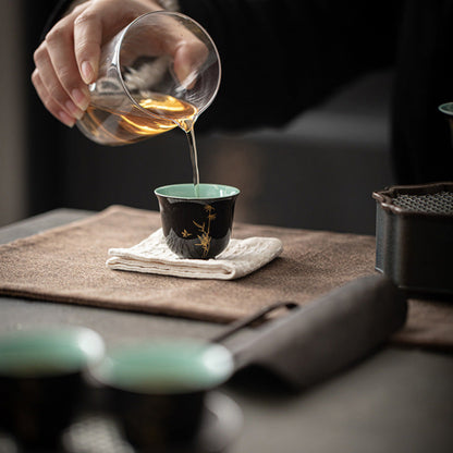 Black & Aquamarine Ceramic Gongfu Tea Cup, Golden Bamboo Motif 45ml