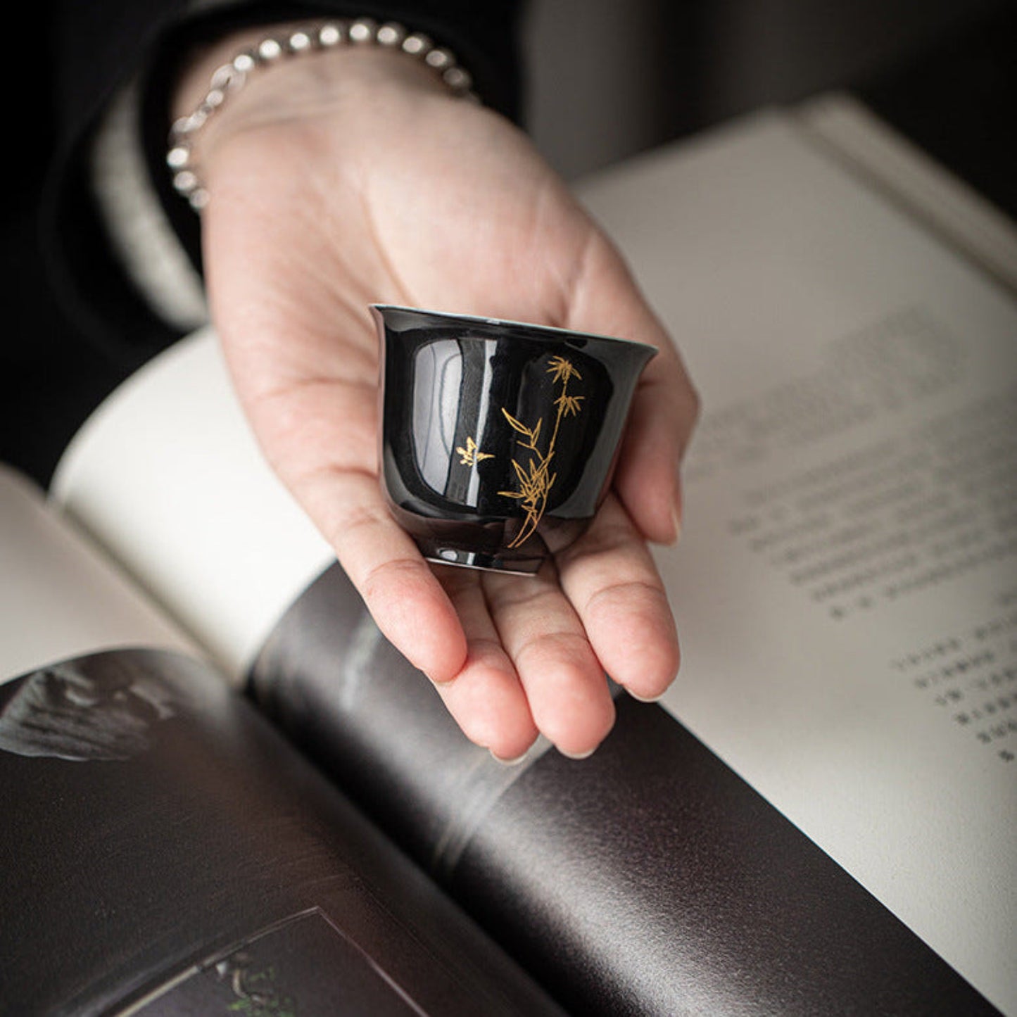 Black & Aquamarine Ceramic Gongfu Tea Cup, Golden Bamboo Motif 45ml