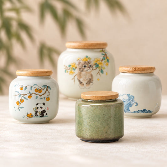Ceramic Chinese Tea Caddy for Loose Tea with Bamboo Lid
