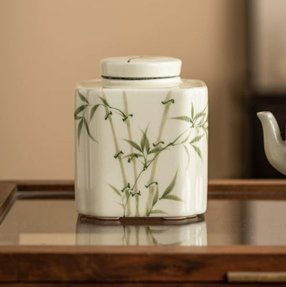 Recipient chinezesc din ceramică pentru ceai vrac, pictat manual cu bambus