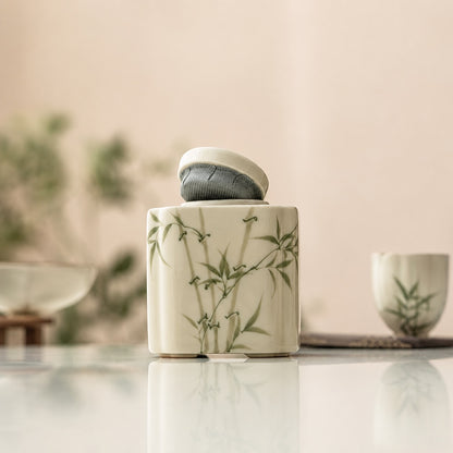 Recipient chinezesc din ceramică pentru ceai vrac, pictat manual cu bambus