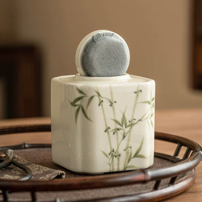 Recipient chinezesc din ceramică pentru ceai vrac, pictat manual cu bambus