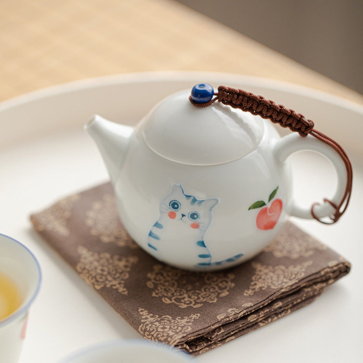 cat and peach small teapot