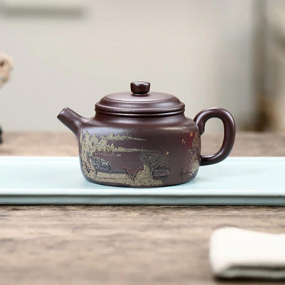 Large Purple Clay Yixing Tea Set + 2 Cups with Landscape Art, Lei Fan 260ml